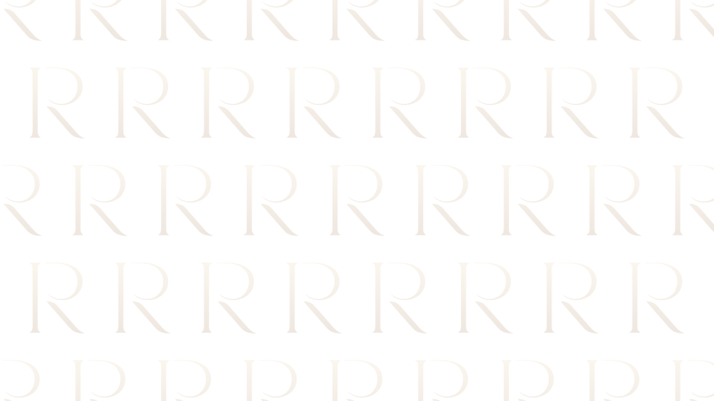 Decorative pattern of gold letter 'R' repeated across a black background.