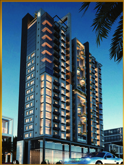 Modern high-rise apartment tower with glass balconies lit at dusk against a blue sky, palm fronds in the foreground.