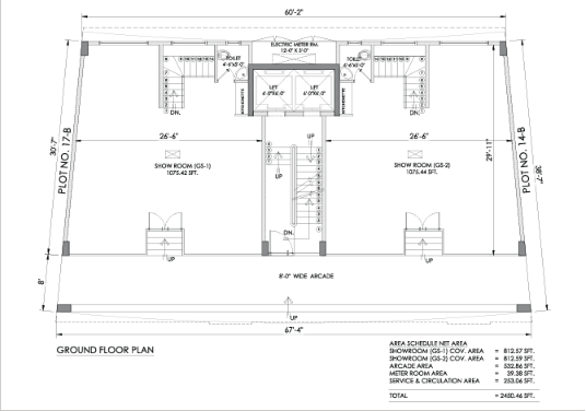 Screenshot 2026-08-11 153859 - IKR Development Ground floor plan showing two showrooms (left and right) with a central stair core, lift, and service shafts, plus an 8' wide arcade along the bottom edge.