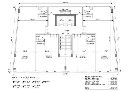 Screenshot 2026-08-11 153911 - IKR Development Symmetrical first-floor office plan with a central lobby, two stair/elevator cores, and four offices on each wing (Offices 1–4 left, 5–8 right) plus kitchens and toilets, with dimension notes throughout.