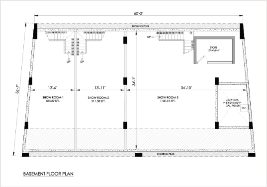 Basement floor plan showing three showrooms (Show Room 1–3), a right-side office/utility area, stairs, and bearing walls with dimension labels