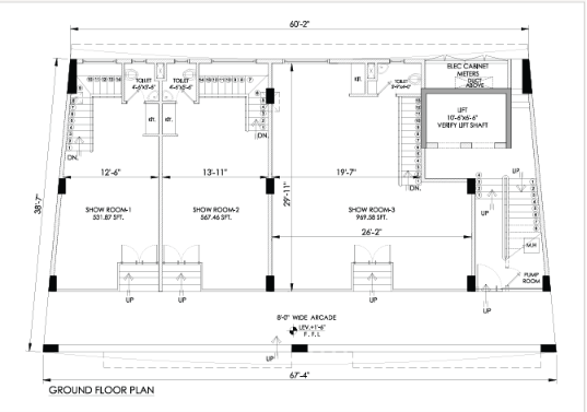 Ground floor plan of a building showing three showrooms (Show Room 1, 2, and 3), restrooms, stairs, a lift, and an 8'0" wide arcade along the front. Overall dimensions annotated along walls.