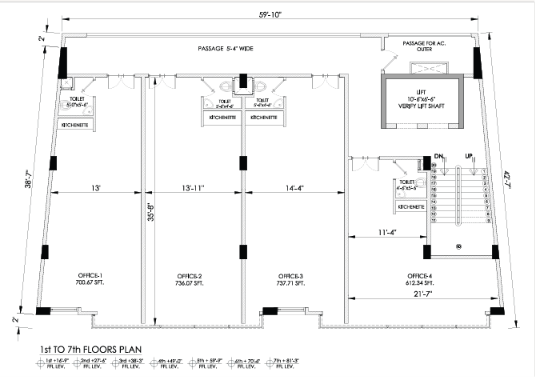 First-floor plan showing Offices 1–4, kitchens, toilets, corridors, lift shaft and stairs with dimensions.