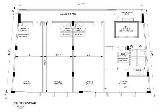 8th floor plan showing four office suites (Office 1–4) with kitchens, toilets, and a central passage, plus lift and stairs; total width about 59'10" and depth ~46'3".