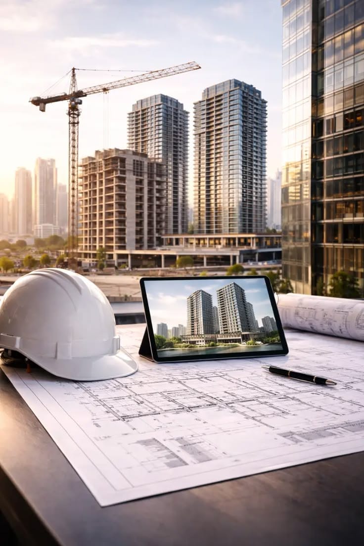Construction site with a crane and tall buildings under construction; hard hat, blueprints, and a tablet displaying a building mockup on a desk.