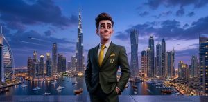Animated mascot in a dark green suit and yellow tie stands on a balcony, with Dubai’s twilight skyline behind him.